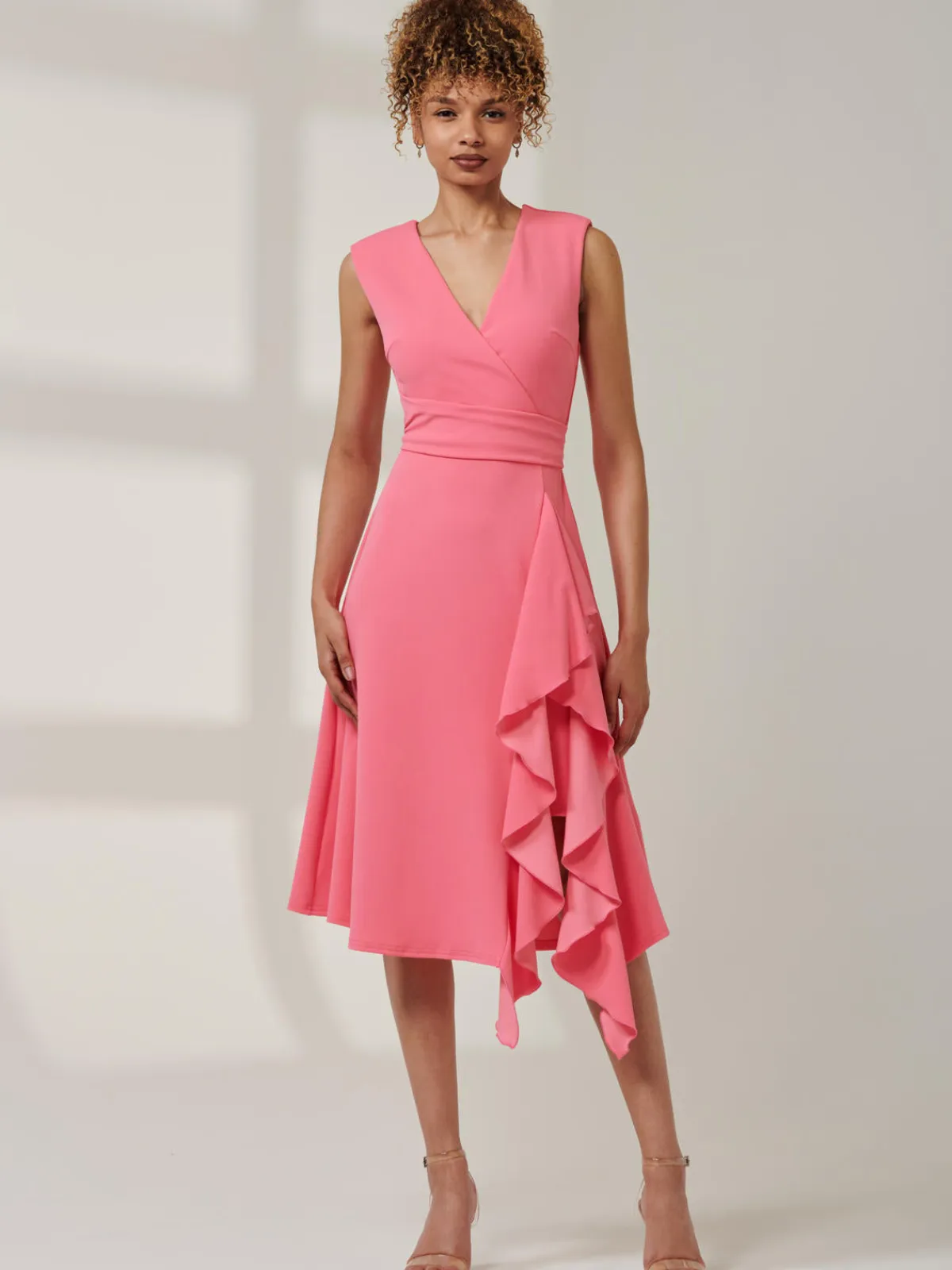 Jolie Moi Occasion Dresses|Office Dresses-Qiana Ruffle Detail Midi Dress, Pink