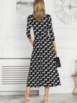 Jolie Moi Occasion Dresses|Jersey Dresses-Quintella Jersey Side Split Maxi Dress, Black Geo