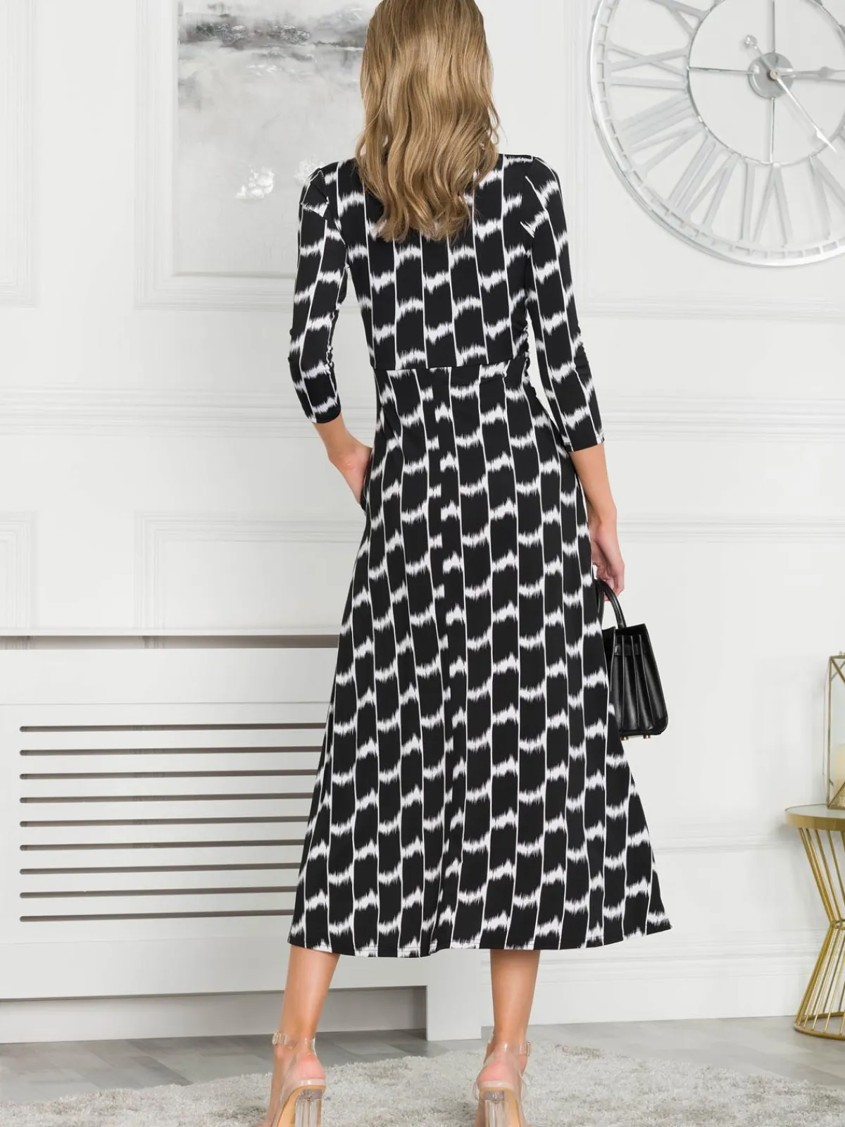 Jolie Moi Occasion Dresses|Jersey Dresses-Quintella Jersey Side Split Maxi Dress, Black Geo