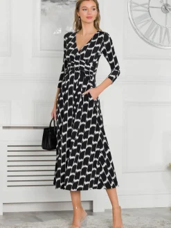 Jolie Moi Occasion Dresses|Jersey Dresses-Quintella Jersey Side Split Maxi Dress, Black Geo