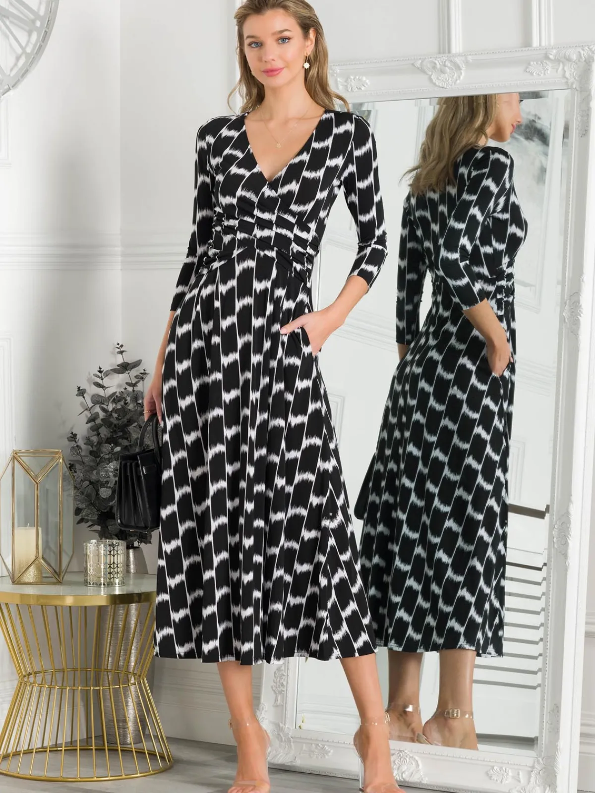 Jolie Moi Occasion Dresses|Jersey Dresses-Quintella Jersey Side Split Maxi Dress, Black Geo