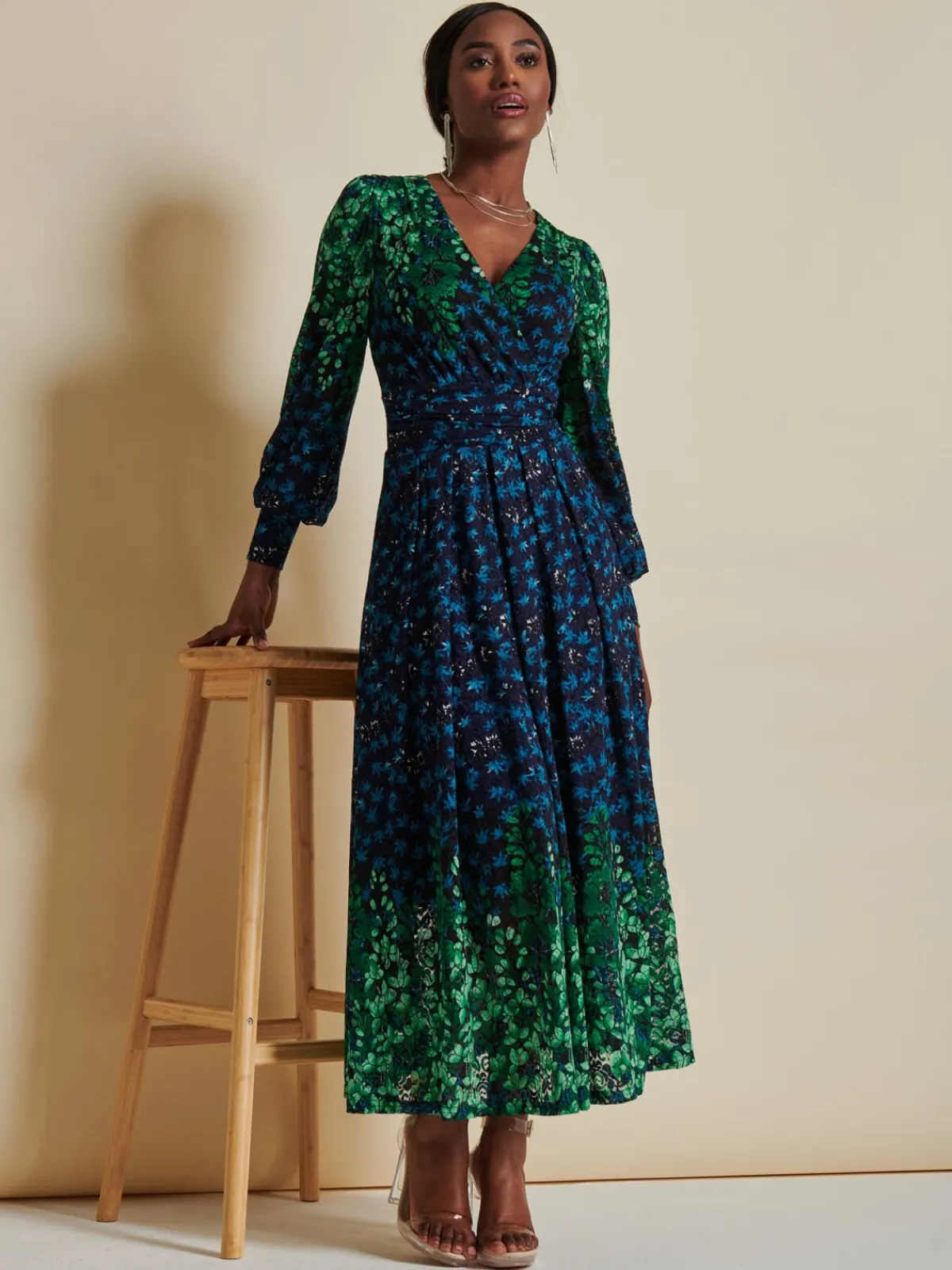 Jolie Moi Occasion Dresses|Signature Lace-Quiyn Symmetrical Print Lace Maxi Dress, Blue Multi