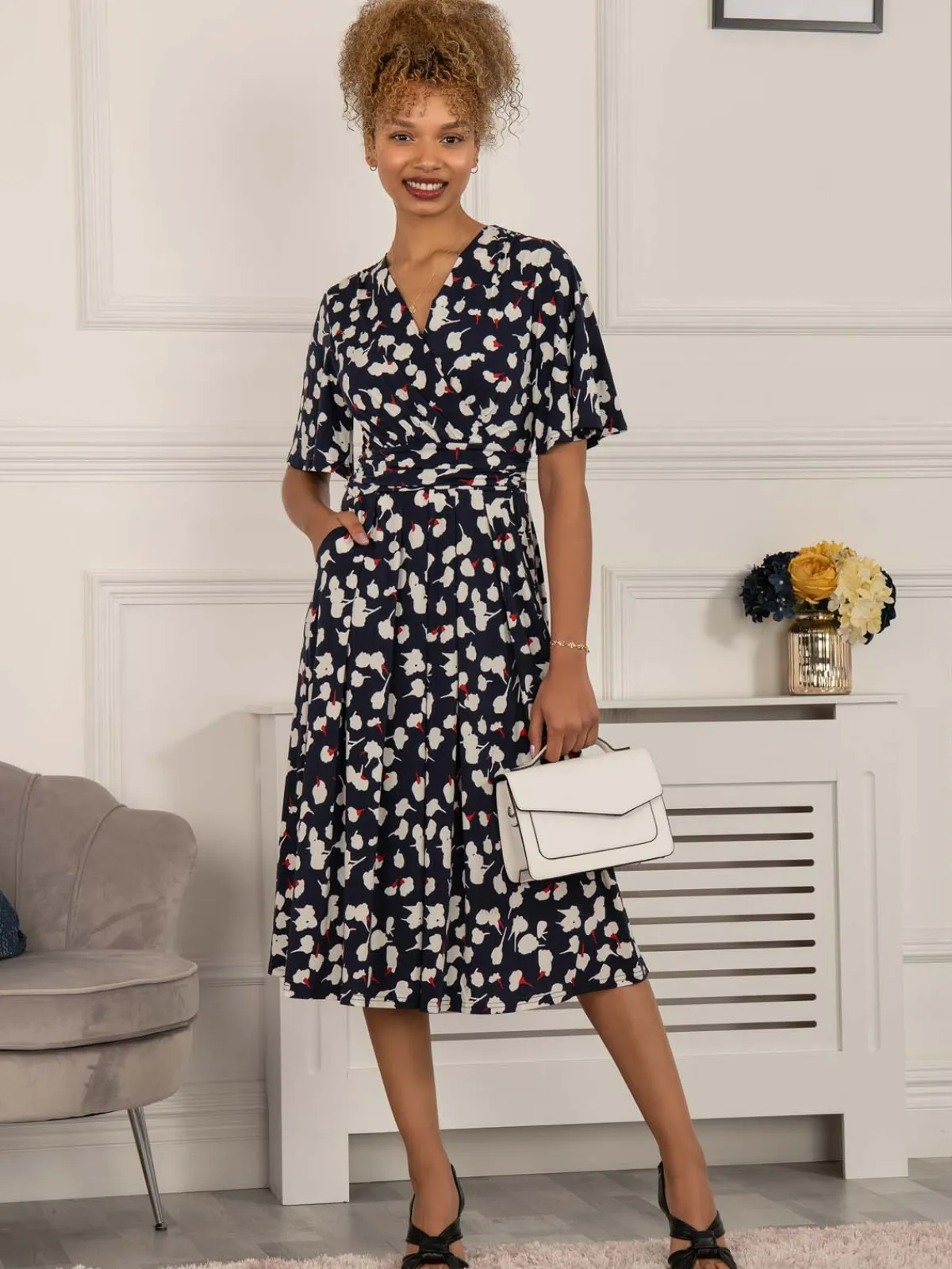 Jolie Moi Occasion Dresses|Wrap Dresses-Quyn Angel Sleeve Jersey Dress, Navy White Floral