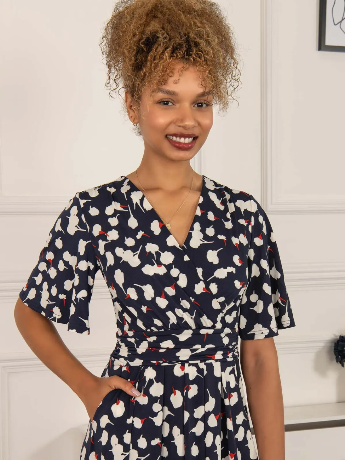 Jolie Moi Occasion Dresses|Wrap Dresses-Quyn Angel Sleeve Jersey Dress, Navy White Floral
