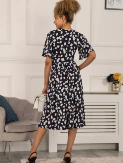 Jolie Moi Occasion Dresses|Wrap Dresses-Quyn Angel Sleeve Jersey Dress, Navy White Floral