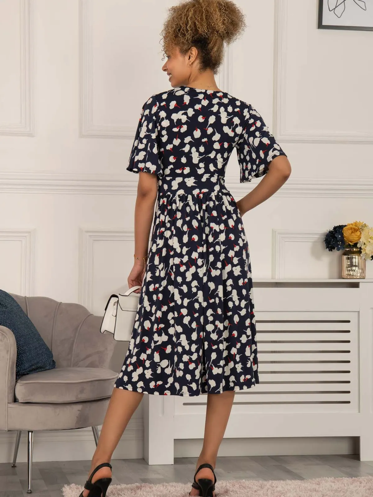 Jolie Moi Occasion Dresses|Wrap Dresses-Quyn Angel Sleeve Jersey Dress, Navy White Floral