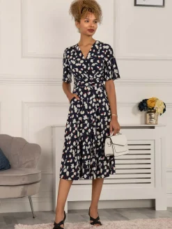 Jolie Moi Occasion Dresses|Wrap Dresses-Quyn Angel Sleeve Jersey Dress, Navy White Floral