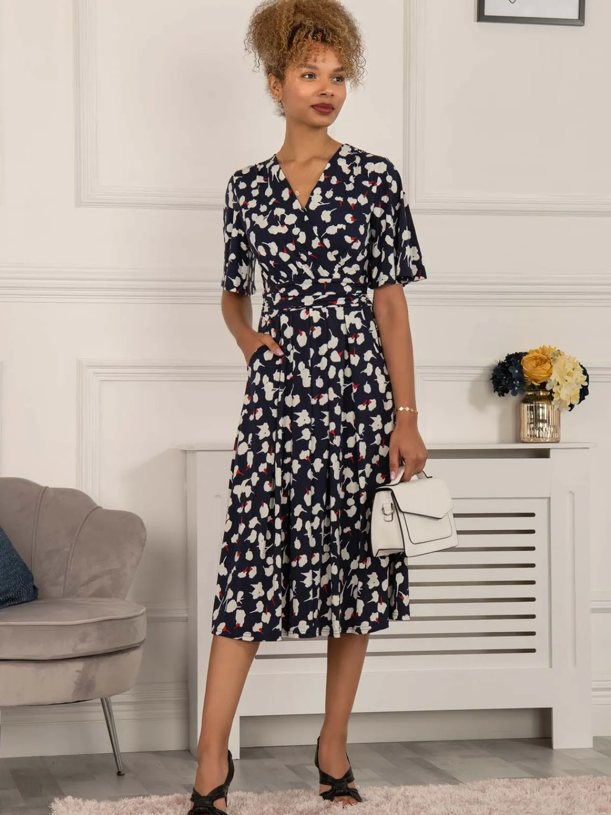 Jolie Moi Occasion Dresses|Wrap Dresses-Quyn Angel Sleeve Jersey Dress, Navy White Floral