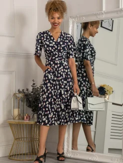 Jolie Moi Occasion Dresses|Wrap Dresses-Quyn Angel Sleeve Jersey Dress, Navy White Floral