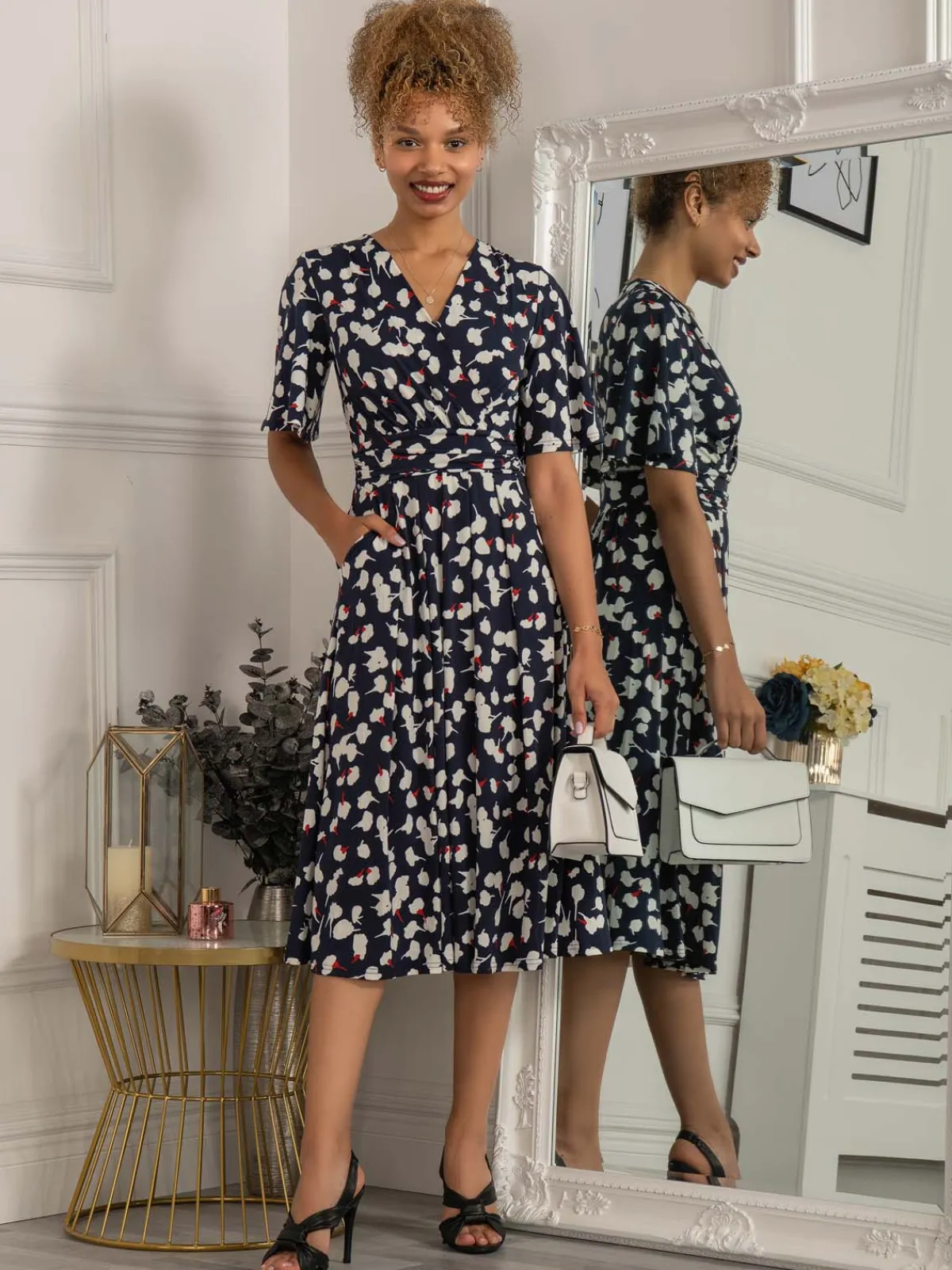 Jolie Moi Occasion Dresses|Wrap Dresses-Quyn Angel Sleeve Jersey Dress, Navy White Floral
