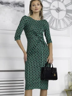 Jolie Moi Occasion Dresses|Jersey Dresses-Qyara Jersey Twist Bodycon Midi Dress, Green Geometric