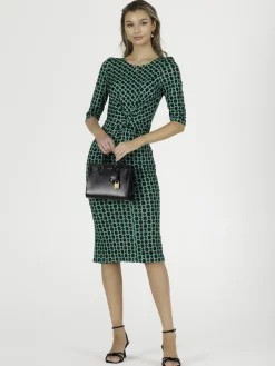 Jolie Moi Occasion Dresses|Jersey Dresses-Qyara Jersey Twist Bodycon Midi Dress, Green Geometric