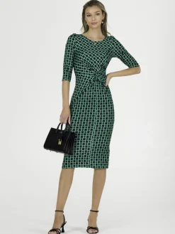 Jolie Moi Occasion Dresses|Jersey Dresses-Qyara Jersey Twist Bodycon Midi Dress, Green Geometric