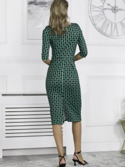 Jolie Moi Occasion Dresses|Jersey Dresses-Qyara Jersey Twist Bodycon Midi Dress, Green Geometric