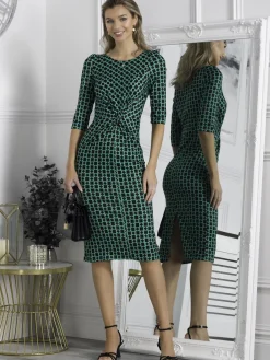 Jolie Moi Occasion Dresses|Jersey Dresses-Qyara Jersey Twist Bodycon Midi Dress, Green Geometric