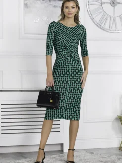 Jolie Moi Occasion Dresses|Jersey Dresses-Qyara Jersey Twist Bodycon Midi Dress, Green Geometric