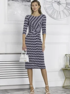 Jolie Moi Occasion Dresses|Midi Dresses-Qyara Jersey Twist Bodycon Midi Dress, Navy Geo
