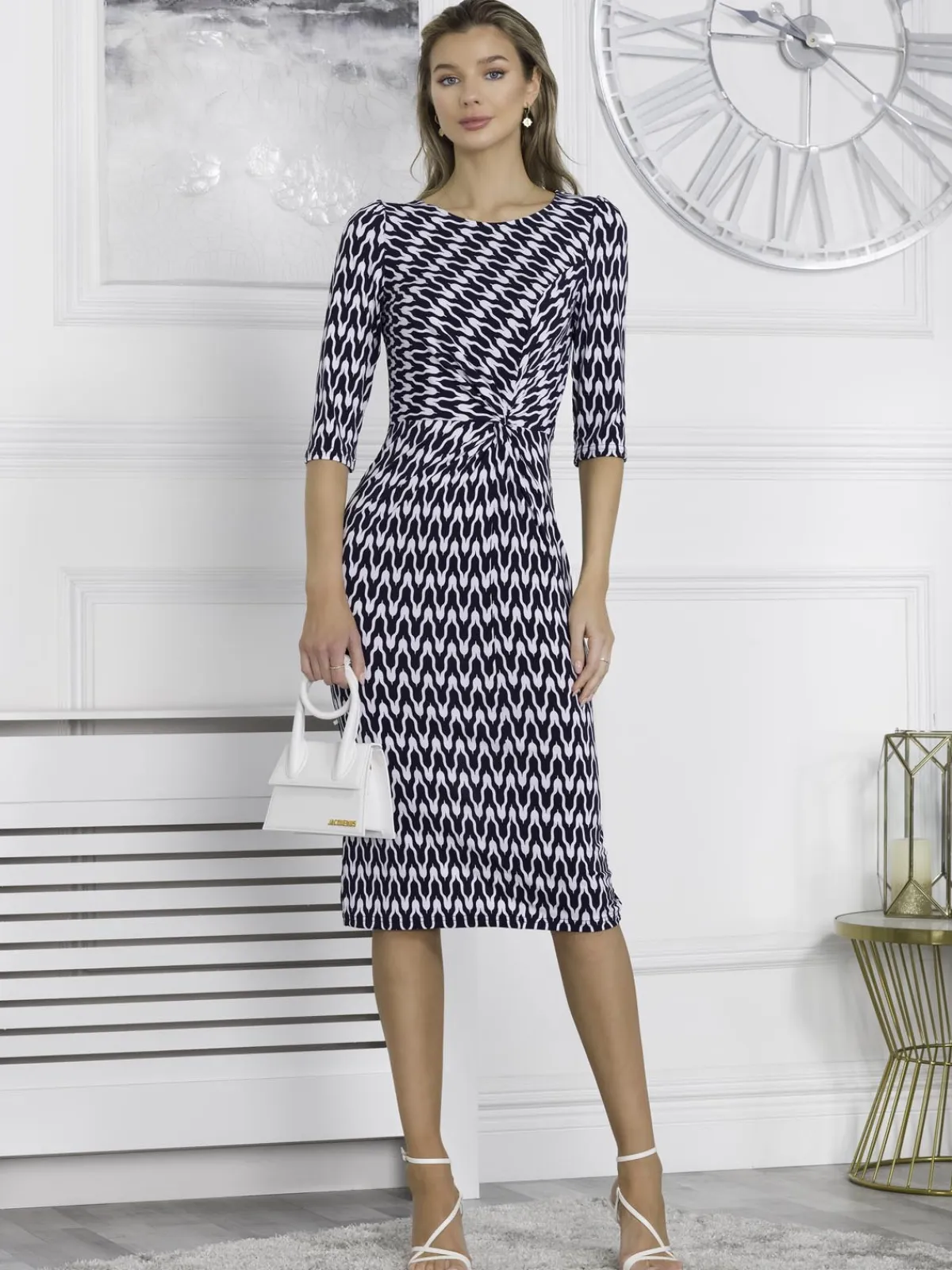Jolie Moi Occasion Dresses|Midi Dresses-Qyara Jersey Twist Bodycon Midi Dress, Navy Geo