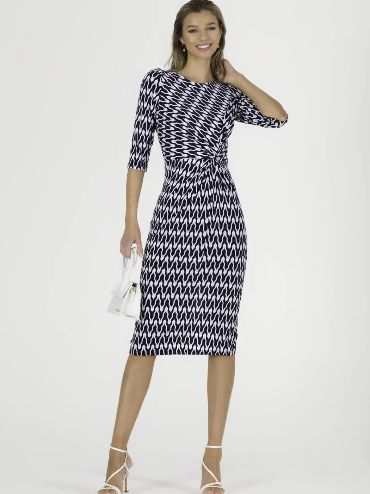 Jolie Moi Occasion Dresses|Midi Dresses-Qyara Jersey Twist Bodycon Midi Dress, Navy Geo