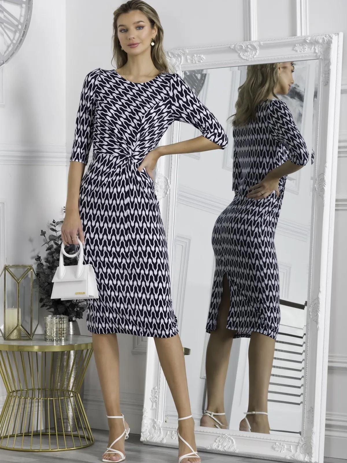 Jolie Moi Occasion Dresses|Midi Dresses-Qyara Jersey Twist Bodycon Midi Dress, Navy Geo