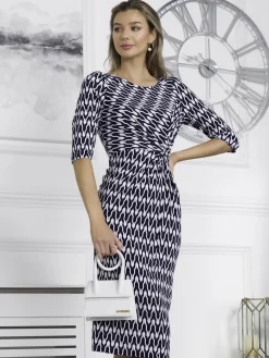 Jolie Moi Occasion Dresses|Midi Dresses-Qyara Jersey Twist Bodycon Midi Dress, Navy Geo