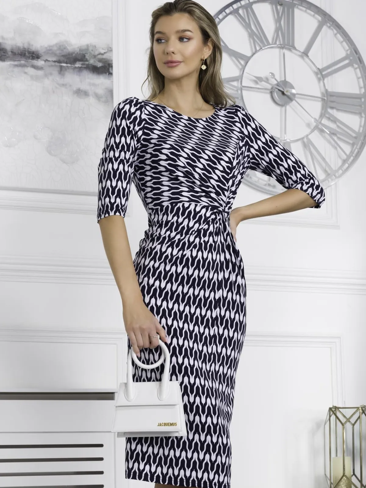 Jolie Moi Occasion Dresses|Midi Dresses-Qyara Jersey Twist Bodycon Midi Dress, Navy Geo