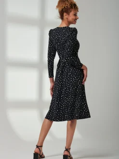 Jolie Moi Occasion Dresses|Office Dresses-Rafella Long Sleeve Midi Dress, Black Spot