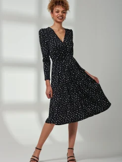 Jolie Moi Occasion Dresses|Office Dresses-Rafella Long Sleeve Midi Dress, Black Spot
