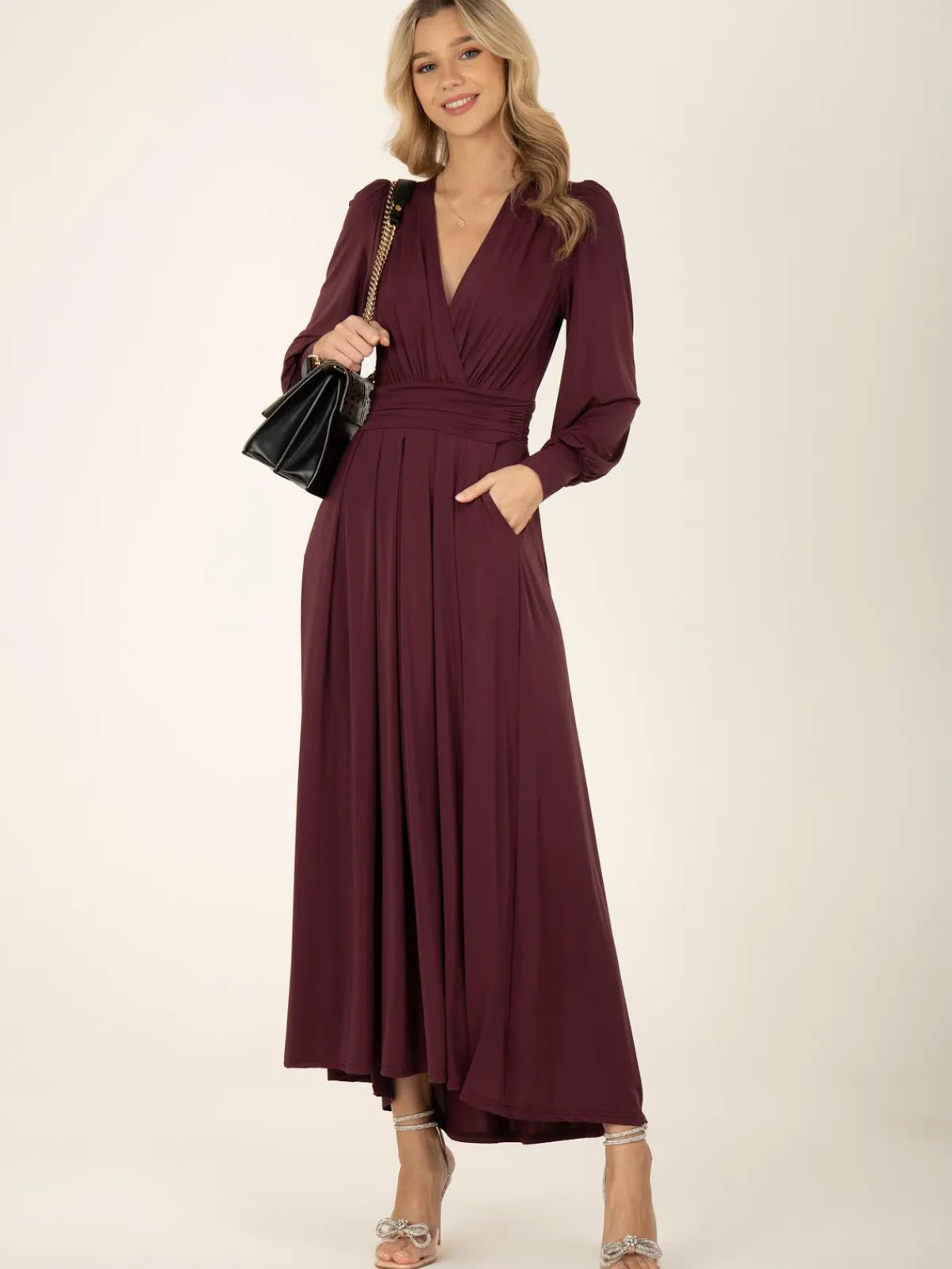 Jolie Moi Occasion Dresses|Jersey Dresses-Rashelle Jersey Long Sleeve Maxi Dress, Burgundy