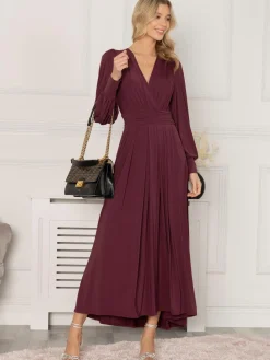 Jolie Moi Occasion Dresses|Jersey Dresses-Rashelle Jersey Long Sleeve Maxi Dress, Burgundy