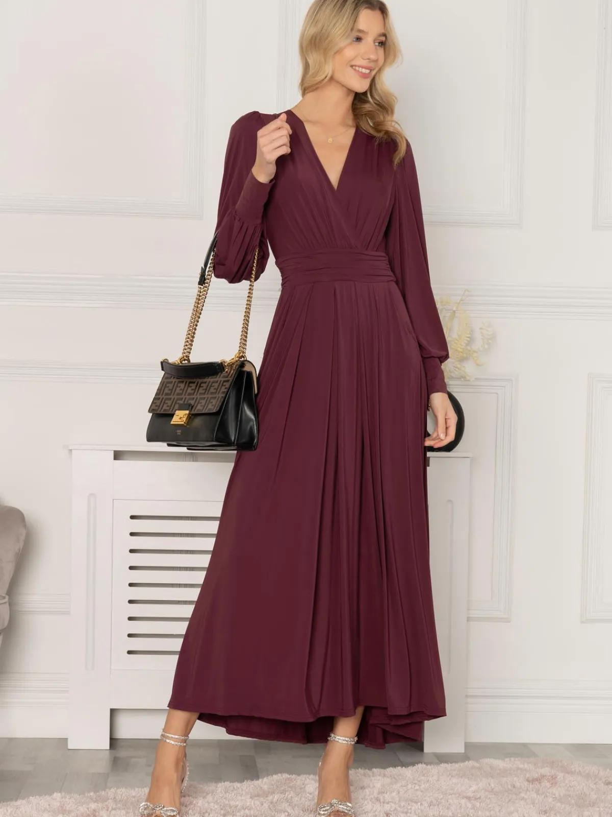 Jolie Moi Occasion Dresses|Jersey Dresses-Rashelle Jersey Long Sleeve Maxi Dress, Burgundy