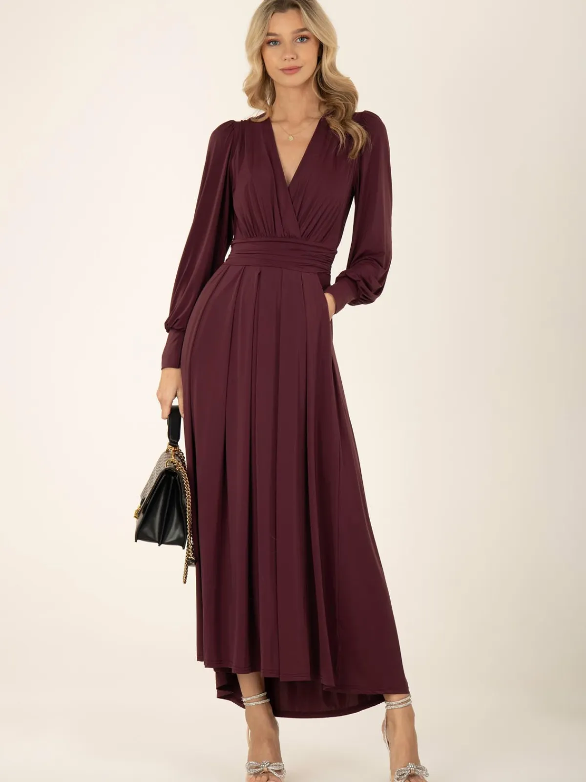 Jolie Moi Occasion Dresses|Jersey Dresses-Rashelle Jersey Long Sleeve Maxi Dress, Burgundy