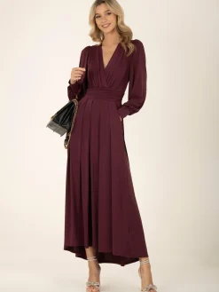 Jolie Moi Occasion Dresses|Jersey Dresses-Rashelle Jersey Long Sleeve Maxi Dress, Burgundy
