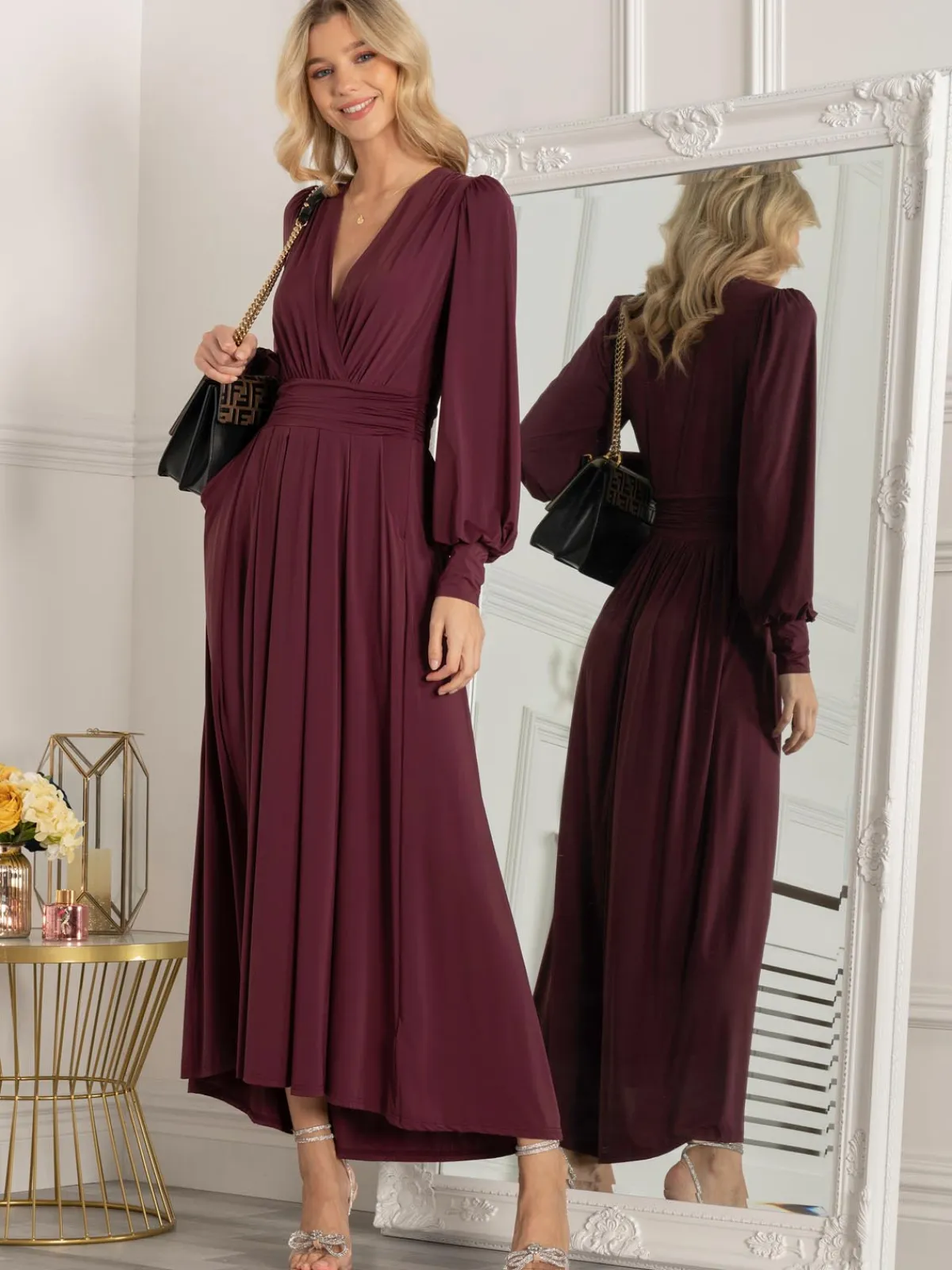 Jolie Moi Occasion Dresses|Jersey Dresses-Rashelle Jersey Long Sleeve Maxi Dress, Burgundy
