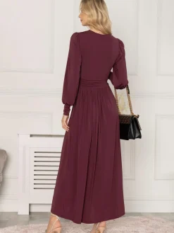 Jolie Moi Occasion Dresses|Jersey Dresses-Rashelle Jersey Long Sleeve Maxi Dress, Burgundy