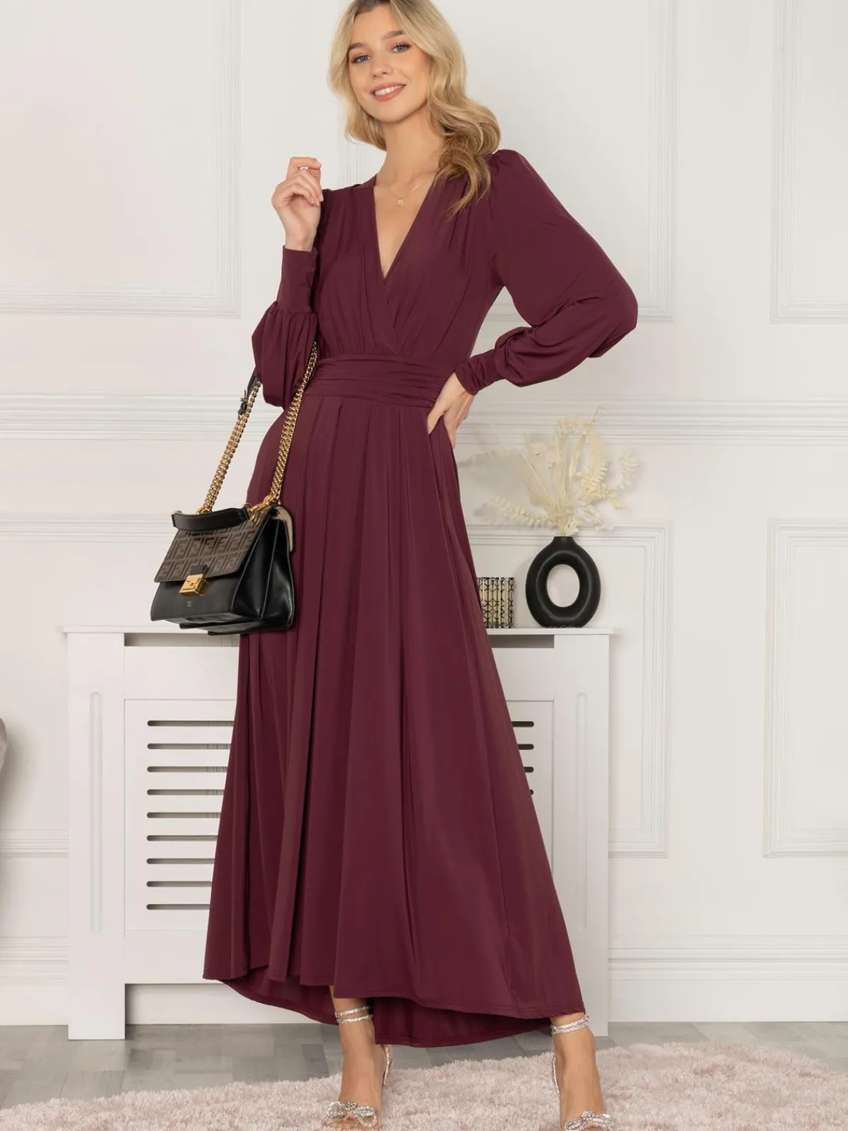 Jolie Moi Occasion Dresses|Jersey Dresses-Rashelle Jersey Long Sleeve Maxi Dress, Burgundy