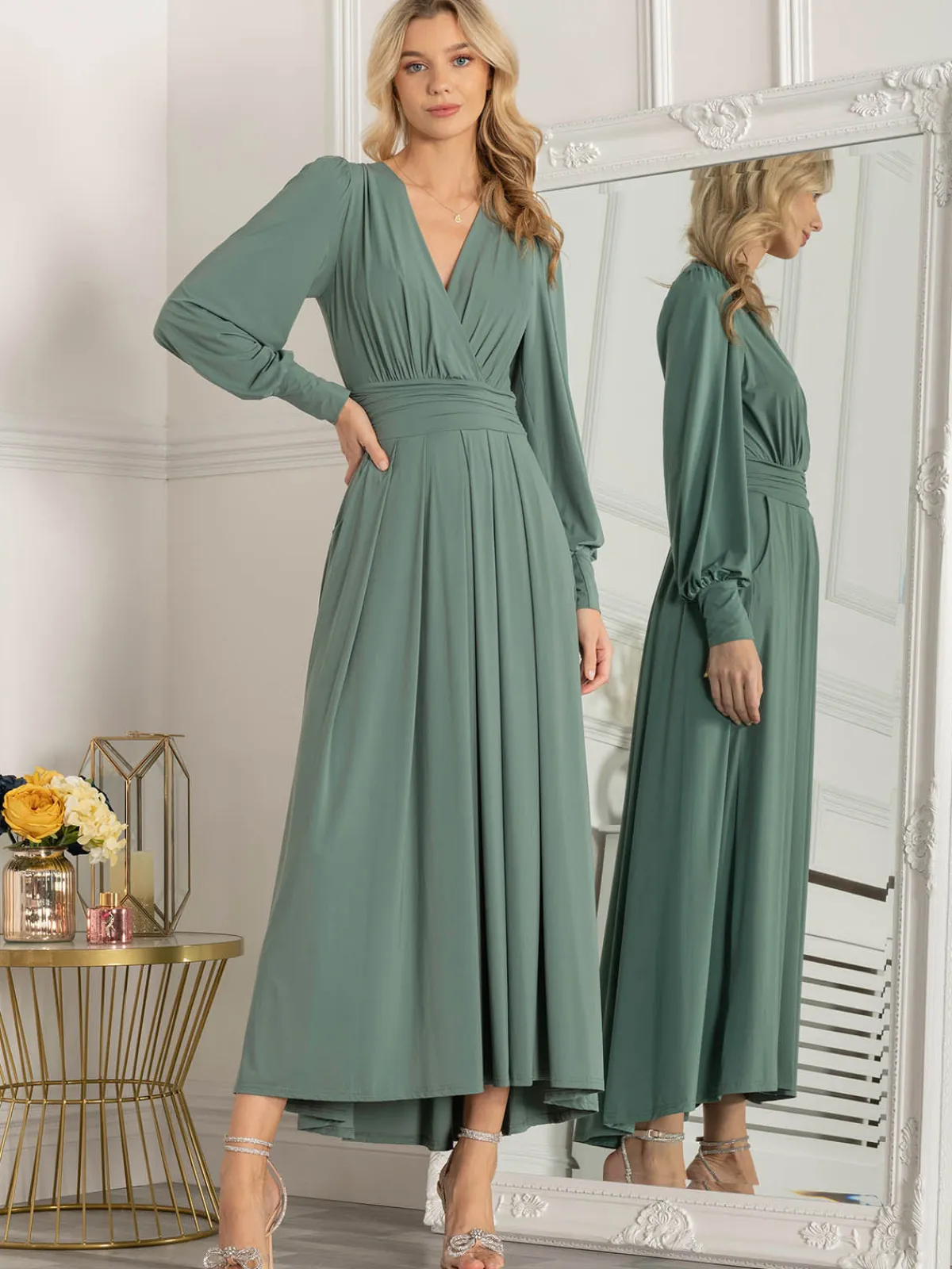 Jolie Moi Occasion Dresses|Weekend Casuals-Rashelle Jersey Long Sleeve Maxi Dress, Pleat Green