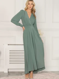 Jolie Moi Occasion Dresses|Weekend Casuals-Rashelle Jersey Long Sleeve Maxi Dress, Pleat Green