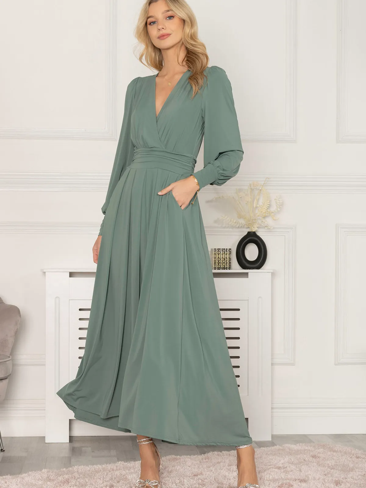 Jolie Moi Occasion Dresses|Weekend Casuals-Rashelle Jersey Long Sleeve Maxi Dress, Pleat Green
