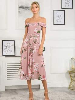 Jolie Moi Occasion Dresses|Floral Dresses-Rawiya Bardot Neck Mesh Dress, Pink Floral