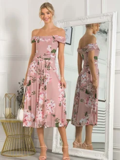 Jolie Moi Occasion Dresses|Floral Dresses-Rawiya Bardot Neck Mesh Dress, Pink Floral