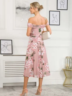 Jolie Moi Occasion Dresses|Floral Dresses-Rawiya Bardot Neck Mesh Dress, Pink Floral