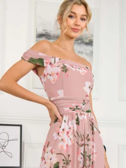 Jolie Moi Occasion Dresses|Floral Dresses-Rawiya Bardot Neck Mesh Dress, Pink Floral
