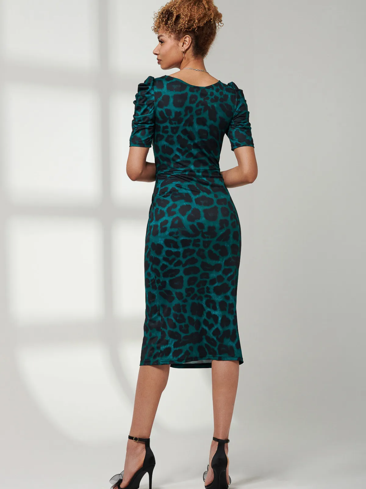 Jolie Moi Occasion Dresses|Jersey Dresses-Ray Ruched Waist Bodycon Midi Dress, Green Animal
