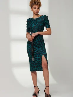 Jolie Moi Occasion Dresses|Jersey Dresses-Ray Ruched Waist Bodycon Midi Dress, Green Animal