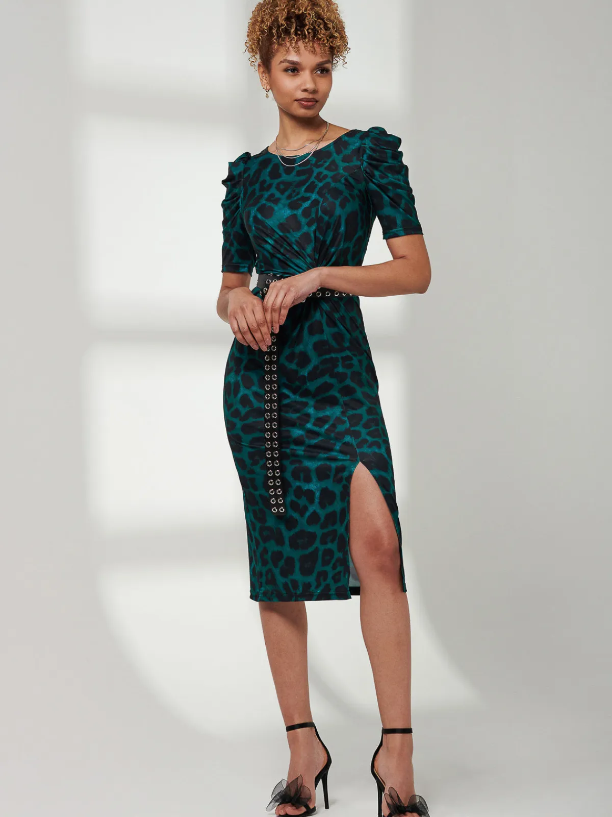 Jolie Moi Occasion Dresses|Jersey Dresses-Ray Ruched Waist Bodycon Midi Dress, Green Animal