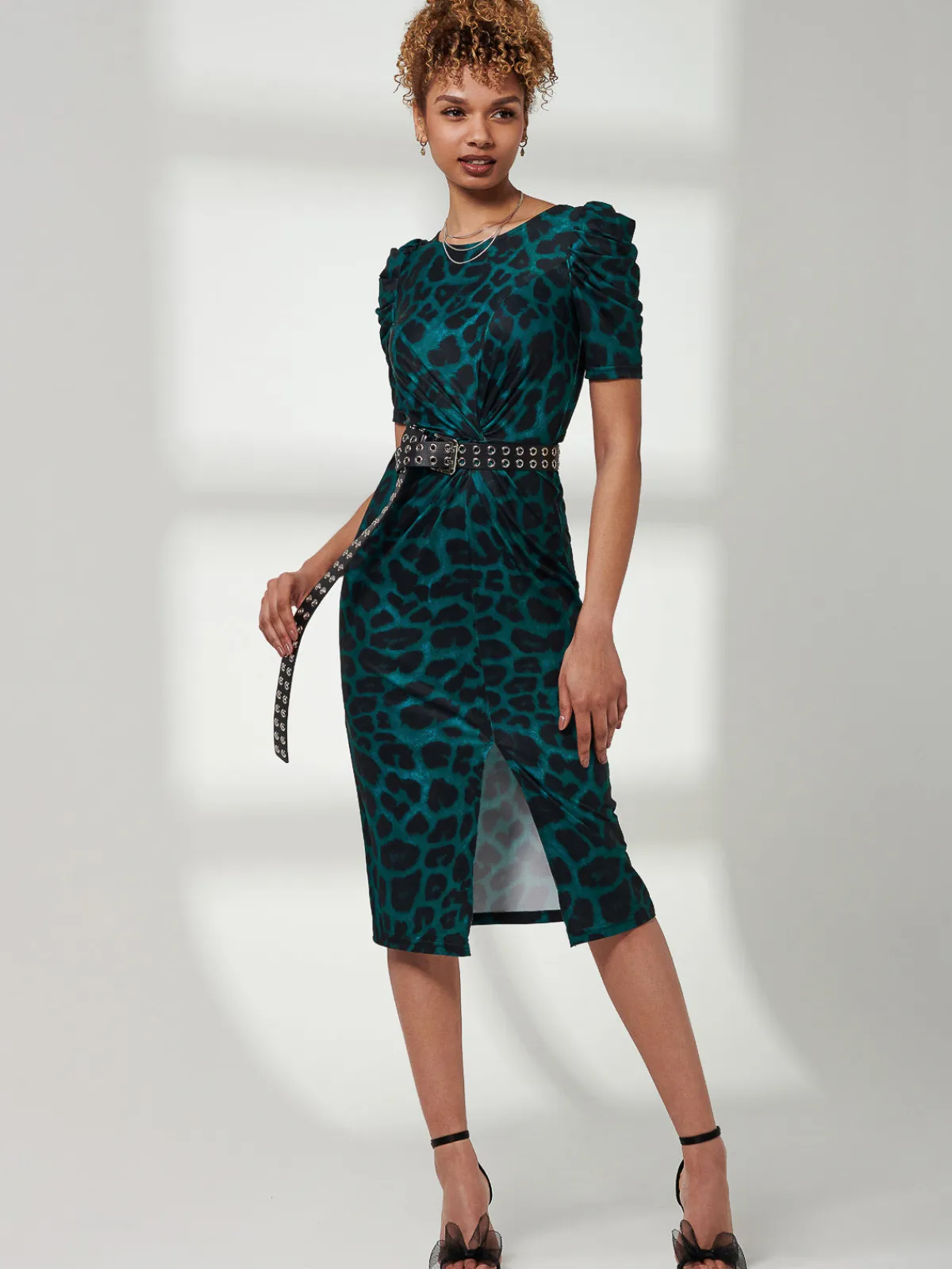 Jolie Moi Occasion Dresses|Jersey Dresses-Ray Ruched Waist Bodycon Midi Dress, Green Animal