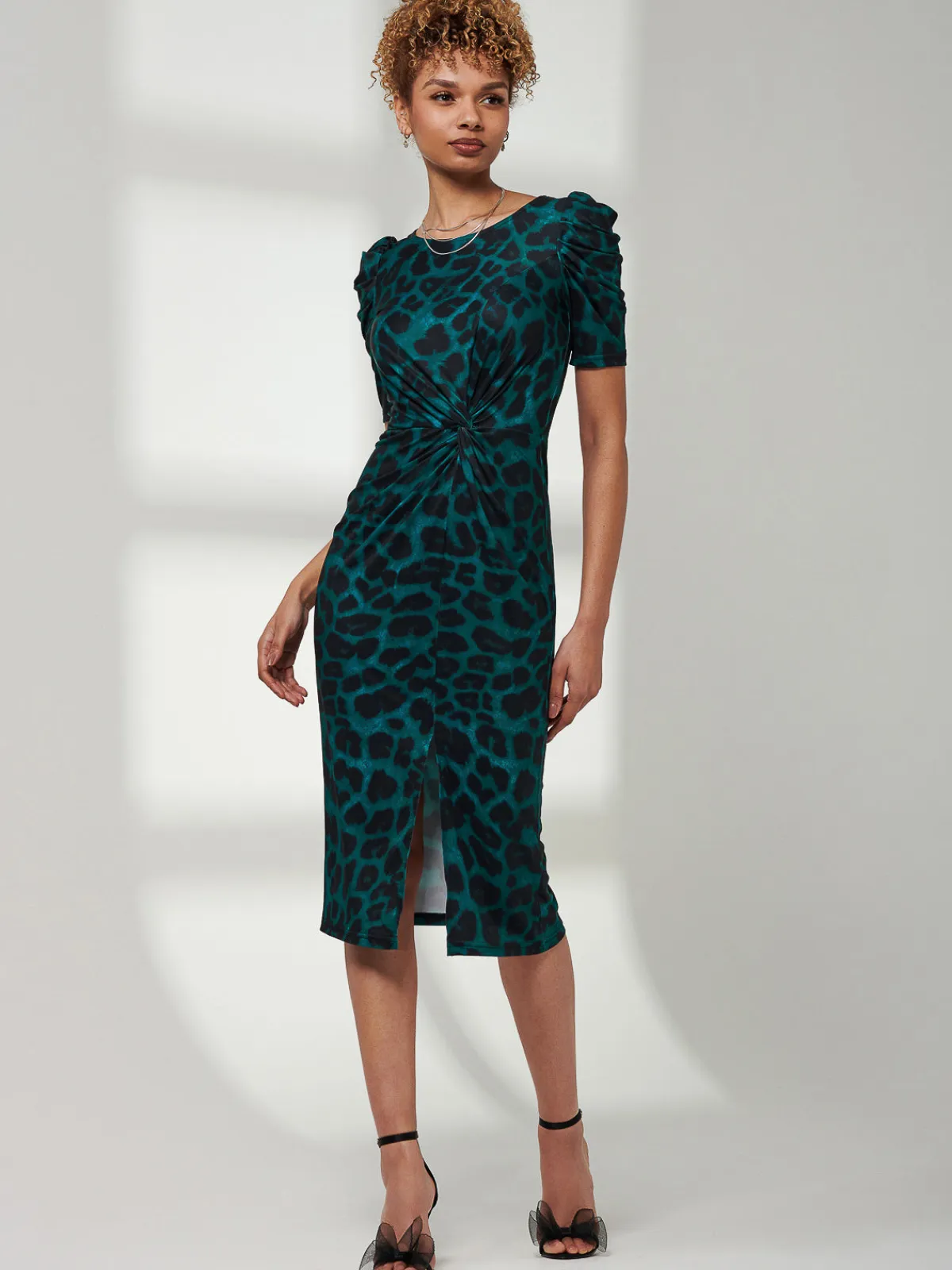 Jolie Moi Occasion Dresses|Jersey Dresses-Ray Ruched Waist Bodycon Midi Dress, Green Animal