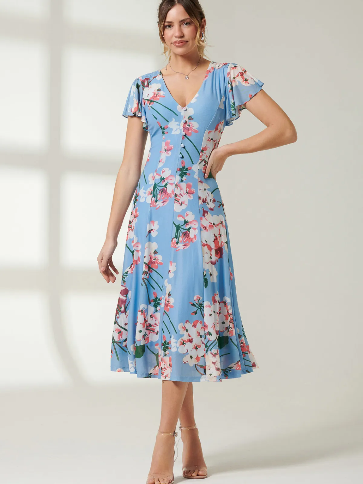 Jolie Moi Occasion Dresses|Floral Dresses-Rella Cap Sleeve Mesh Midi Dress, Blue Floral