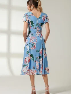 Jolie Moi Occasion Dresses|Floral Dresses-Rella Cap Sleeve Mesh Midi Dress, Blue Floral